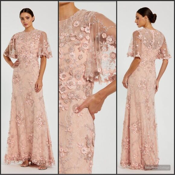MAC DUGGAL 68810 Pink Flutter Sleeve Floral Embroidered Net Gown Dress - Picture 1 of 13